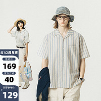 714STREET 古巴领条纹短袖衬衫男女2024新款夏装日系复古衬衣外套