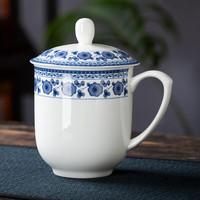 景德故事陶瓷茶杯带盖办公杯骨瓷会议杯青花水杯酒店商务开会杯子2只装 春风2只装