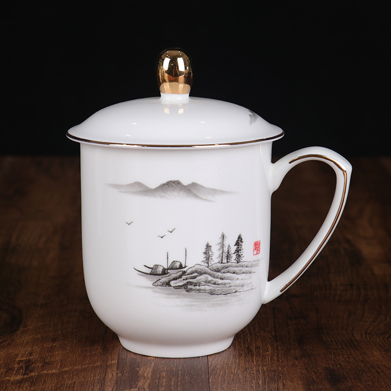 錦鳯锦凤茶杯骨瓷盖杯景德镇陶瓷茶杯商务办公杯会议杯描金茶杯可 江山如画行政杯400ml