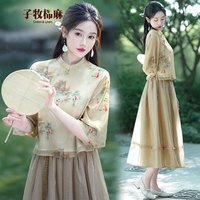 子牧棉麻 2024夏装 女新中式改良两件套中国风盘扣立领上衣半身裙套装1043 美人咖套装