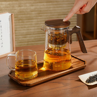 雅集飘逸杯泡茶壶一键过滤耐热全玻璃内胆高档茶水分离杯按压式900ml 900ml高端飘逸壶木盖木把款