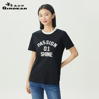 哥弟真的好(GIRDEAR)哥弟真的好2024夏季撞色亮片字母休闲新疆长绒棉T恤女A301446 黑 S (2码)
