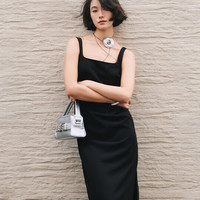 URBAN REVIVO 女士时尚简约褶皱开衩无袖连衣裙 UWG740077 正黑 M