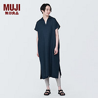 无印良品 MUJI 女式 麻 水洗 开领半袖连衣裙 女装汉麻裙子夏季 BC2JLA4S 深藏青色 XL 165/92A