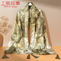 达芬奇密码 真丝丝巾女士桑蚕丝围巾双层桑波缎喷绘长巾 奢魅盛兰 卡其