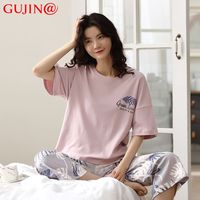 古今 GUJIN@睡衣女士夏季凉感短袖休闲大码七分裤可外穿家居服套装