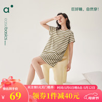 安之伴睡裙女夏可外穿显瘦条纹甜美短袖裙中长裙套头家居服 A