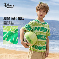 迪士尼童装男童针织凉感抗菌短袖T恤2024儿童夏装运动上衣 绿字母米奇 120