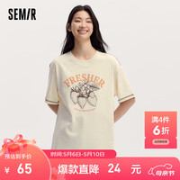 森马（Semir）短袖T恤女中长款明线上衣2024新款夏时尚宽松印花套头衫小众