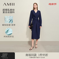 AMII2024春新款优雅V领绑带解构收褶连衣裙女宽松长袖裙子12441196