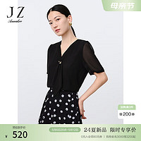 Juzui 玖姿 ·安娜蔻clean fit飘带领压褶短袖轻薄雪纺上衣女2024夏季 素黑 2XL