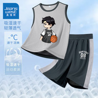 真维斯男童运动套装2024男大童夏季速干吸湿背心儿童夏装篮球服短裤 【速干套装】灰/J篮球背影 120cm