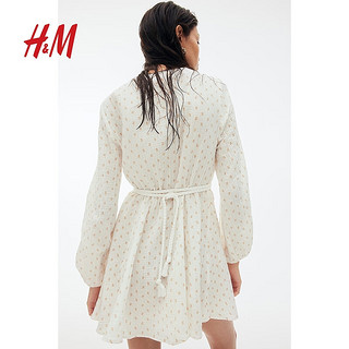 H&M女装连衣裙2024夏季韩系风灯笼袖修身喇叭摆V领短裙1224180 奶油色 155/76