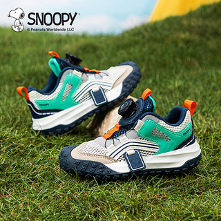 SNOOPY史努比童鞋儿童跑步鞋男女童旋转扣网面透气耐磨休闲运动鞋子 米/蓝 32码 脚长19.0-19.5cm