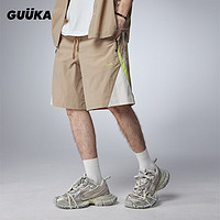 古由卡（GUUKA）美式休闲分割刺绣短裤男夏新款潮 大廓形高级舒适五分裤宽松百搭 卡其