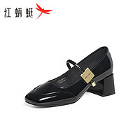 红蜻蜓玛丽珍鞋2024夏季优雅法式小皮鞋粗跟女单鞋 WTB24677黑色38