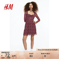 H&M HM女装连衣裙夏装女网纱桃心领长袖连衣短裙1135187