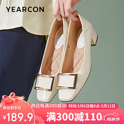 YEARCON 意尔康 方头单鞋女时尚百搭粗跟时装小皮鞋工作鞋 26718W 米白 37
