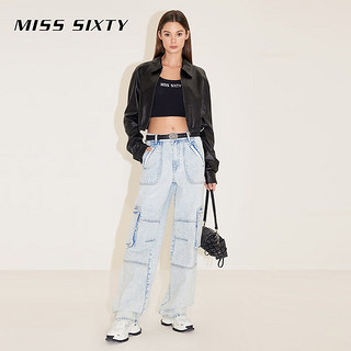 MISS SIXTY2024春季牛仔裤女抽绳设计高腰显瘦复古拉链工装裤 浅蓝 25