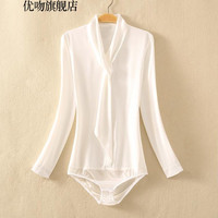 YOUWen 优吻 法国YOUWEN 雪纺衬衫长袖设计感小众原创洋气上衣气质通勤职业连体上衣女连裆 白色 S