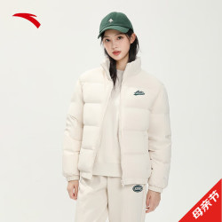 anta安踏雪壳羽绒服美式复古女冬季短款鸭绒保暖上衣162348903芡石白