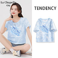La Chapelle City拉夏贝尔100%纯棉短款短袖T恤女夏季2024年运动风扎染上衣 蓝-蓝色箭头 M