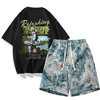 MEN'S POEM 曼茨帛 两件短袖T恤男士夏季新款冰丝五分裤男情侣运动套装衣服潮