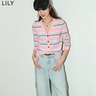 LILY2024夏女装设计感撞色条纹气质修身短款针织开衫外套上衣 128水粉色 XL