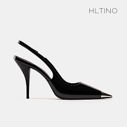 H.L.TINO 2024新款樸彩英高跟鞋黑色漆皮細跟金屬方頭單鞋子后空包頭涼鞋女