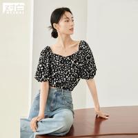 DUIBAI 对白 2024夏装浪漫法式一字领泡泡袖黑白碎花上衣女式短袖套头衬衫