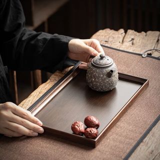 乐卡利茶盘托盘家用竹木制果盘长方形泡茶盘围炉煮茶点心盘放茶杯茶托 胡桃色托盘无提手38*25cm