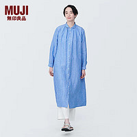 无印良品（MUJI）女式 麻 水洗 长袖衬衫连衣裙 女装裙子夏季汉麻衬衫裙BC2JKA4S 蓝色条纹 2XL  170/96A