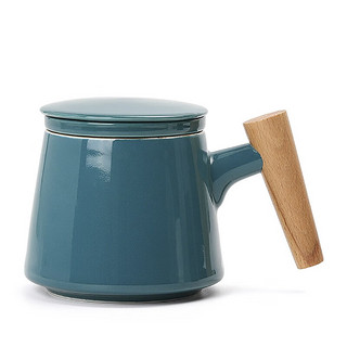 立早淘木柄陶瓷泡茶杯带茶隔带盖花茶杯办公杯 孔雀绿 300ml