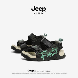 Jeep女童凉鞋夏款2024童鞋男童夏季运动女宝儿童沙滩鞋溯溪鞋 黑绿 31码 鞋内约长20.4cm