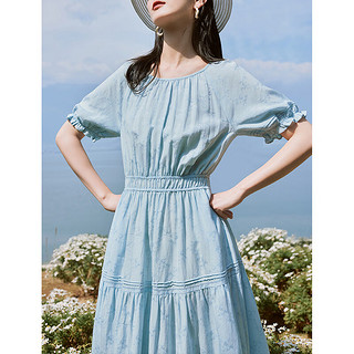 茵曼（INMAN）亚麻提花连衣裙2024夏季女装新款圆领松紧收腰灯笼袖优雅长裙