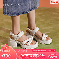 哈森【】2024春夏时尚休闲粗跟舒适沙滩女凉鞋HM242501 米色 37
