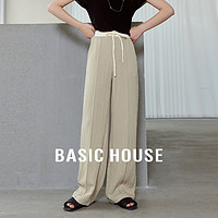 百家好（Basic House）莱赛尔撞色抽绳休闲裤女夏季薄款褶皱宽松长裤B0624H5Z952 米色 XL