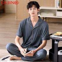 UJIN 古今 GUJIN @男士睡衣夏季短袖开衫翻领长裤薄款夏天家居服套装