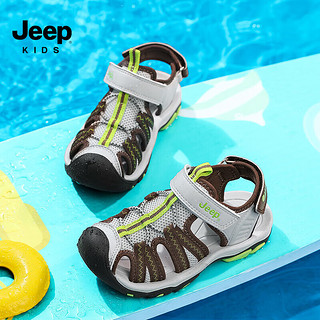 Jeep儿童运动凉鞋夏款包头沙滩鞋2024夏季女童鞋透气男童防滑 米棕/荧光黄 38码 鞋内长约24.8cm