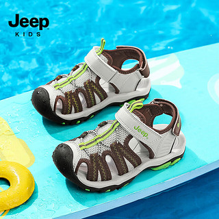 Jeep儿童运动凉鞋夏款包头沙滩鞋2024夏季女童鞋透气男童防滑 米棕/荧光黄 38码 鞋内长约24.8cm