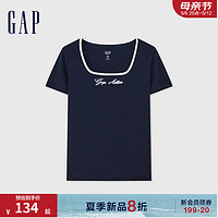 Gap女装2024夏季弹力罗纹撞色U领短袖T恤修身显瘦上衣465251 海军蓝 155/76A (XS) 亚洲尺码