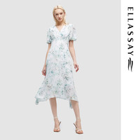歌力思(ELLASSAY)2024夏季新款简约百搭V领收腰显瘦连衣裙女EWD352Y13700 绿花卉 XS