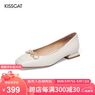 KISSCAT 接吻猫 船鞋方头舒适低跟皮鞋简约女鞋一脚蹬通勤单鞋女KA43102-12 米色 39