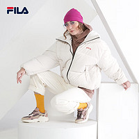 FILA 斐乐 长袖翻领棉服女时尚休闲开衫保暖外套面包服欧版 灰白色 S