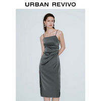 URBAN REVIVO 女士魅力光感缎面褶皱吊带连衣裙 UWG740117 灰绿 XL