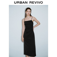 URBAN REVIVO 女士魅力光感缎面褶皱吊带连衣裙 UWG740117 正黑 XS