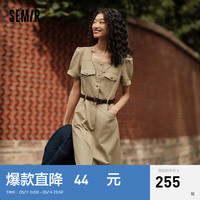 森马（Semir）[商场同款]连衣裙女方领开叉中长裙2024新款夏盐系工装裙复古