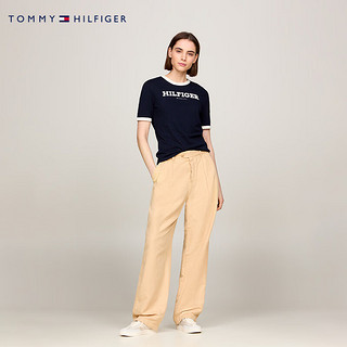 TOMMY HILFIGER24春夏女装纯棉学院风植绒字母撞色针织短袖上衣41208 藏青色DW5 XL （：130-150斤）