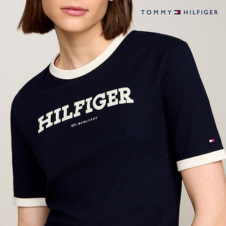 TOMMY HILFIGER24春夏女装纯棉学院风植绒字母撞色针织短袖上衣41208 藏青色DW5 XL （：130-150斤）