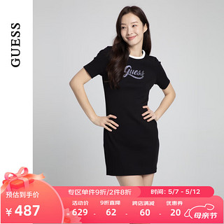 GUESS24年春季女士撞色简约百搭圆领印花连衣裙-W4PK1UK2Q40 JBLK-黑色 S